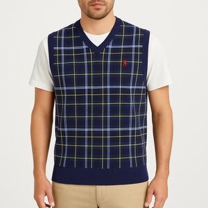 Polo‎ Golf Ralph Lauren Navy Blue Mens Check Striped Cotton Sweater Vest Large